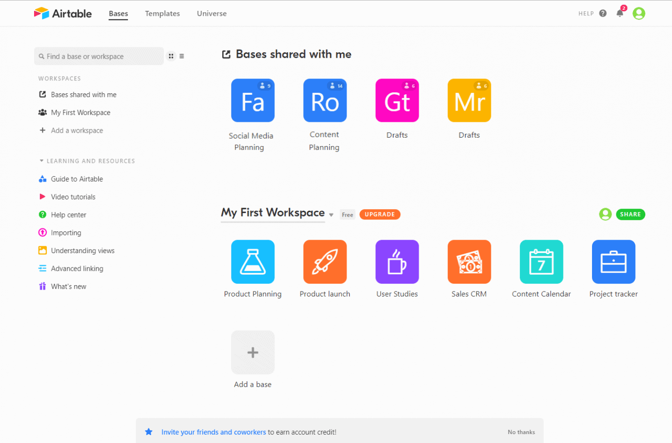 AirTable dashboard with icons to redirect to specific spreadsheets.