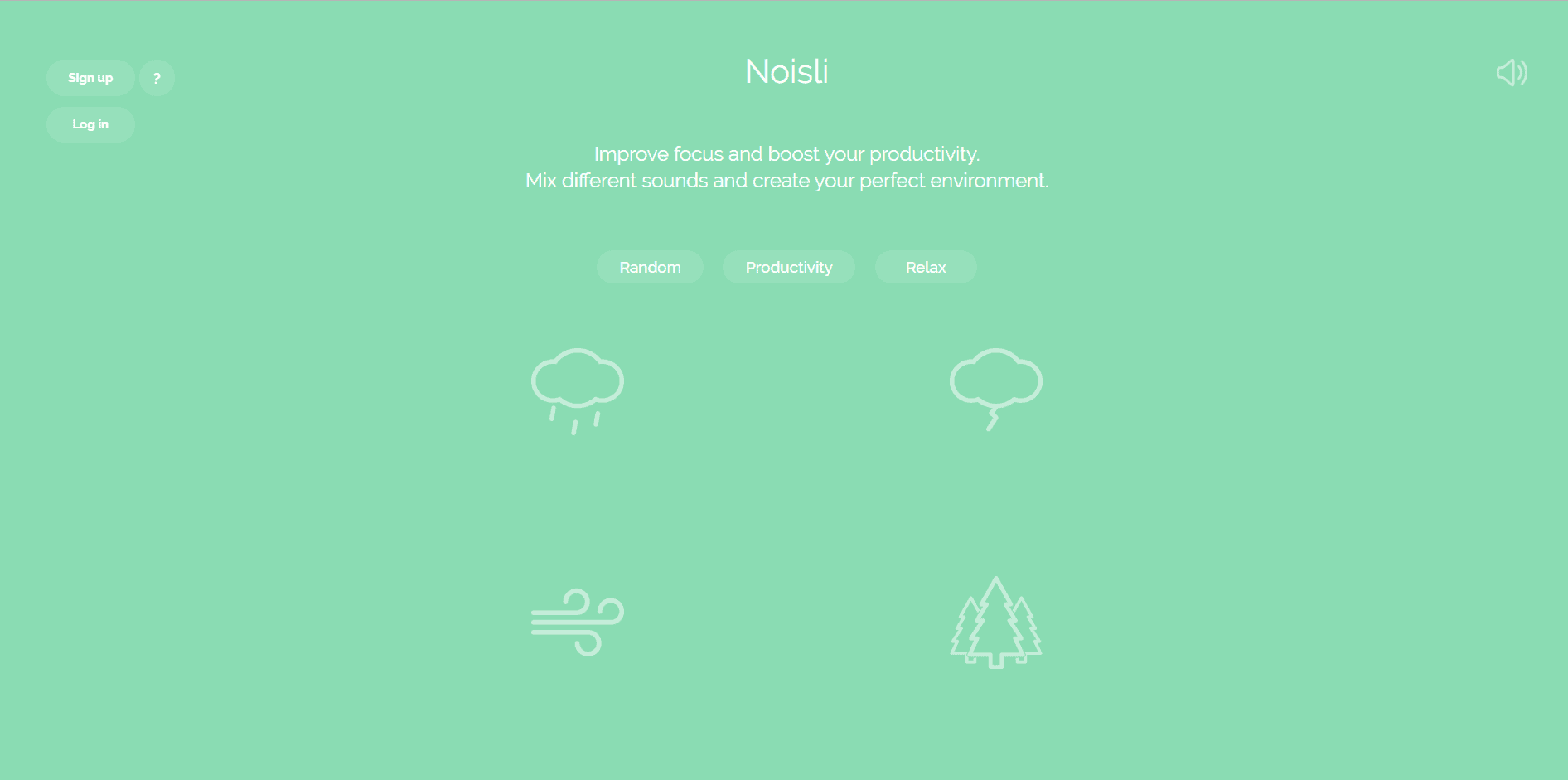 Noisli homepage. Options are given for different types of sounds. Icons include a rain cloud, thunder bolt, wind, or trees.