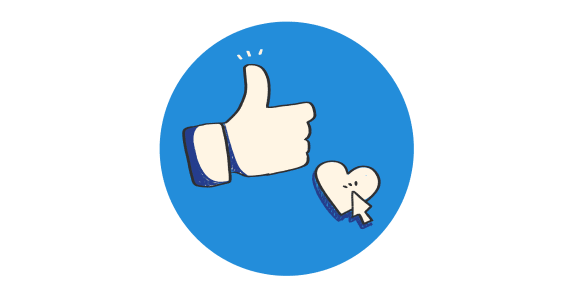 Facebook like button and a heart with a mouse cursor over it all surrounded by a blue circle.